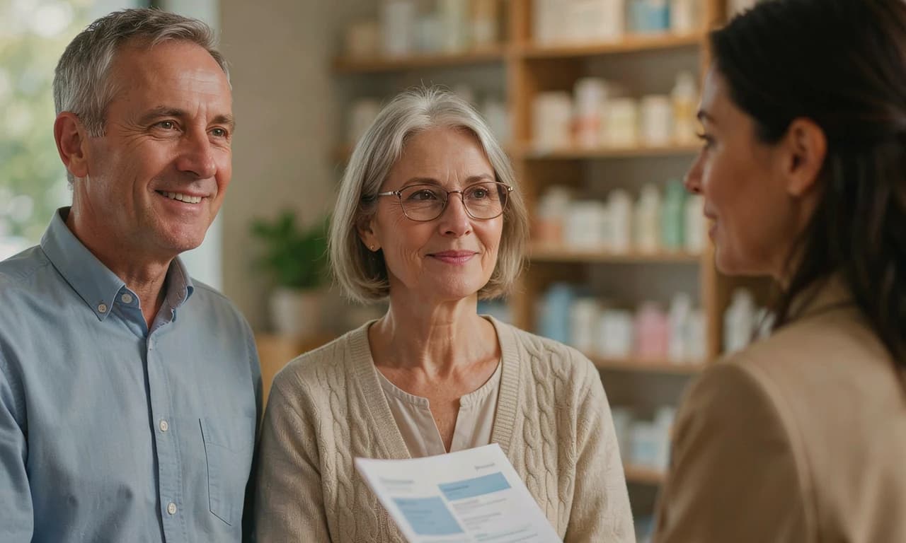 A couple meeting a licensed benefit advisor at the pharmacy counter
